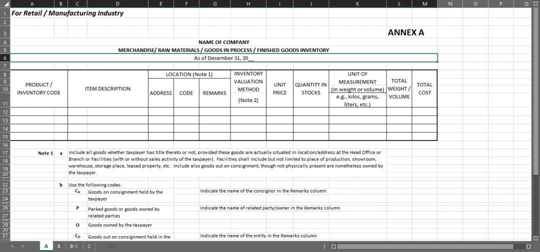 Bir Annex A Inventory List