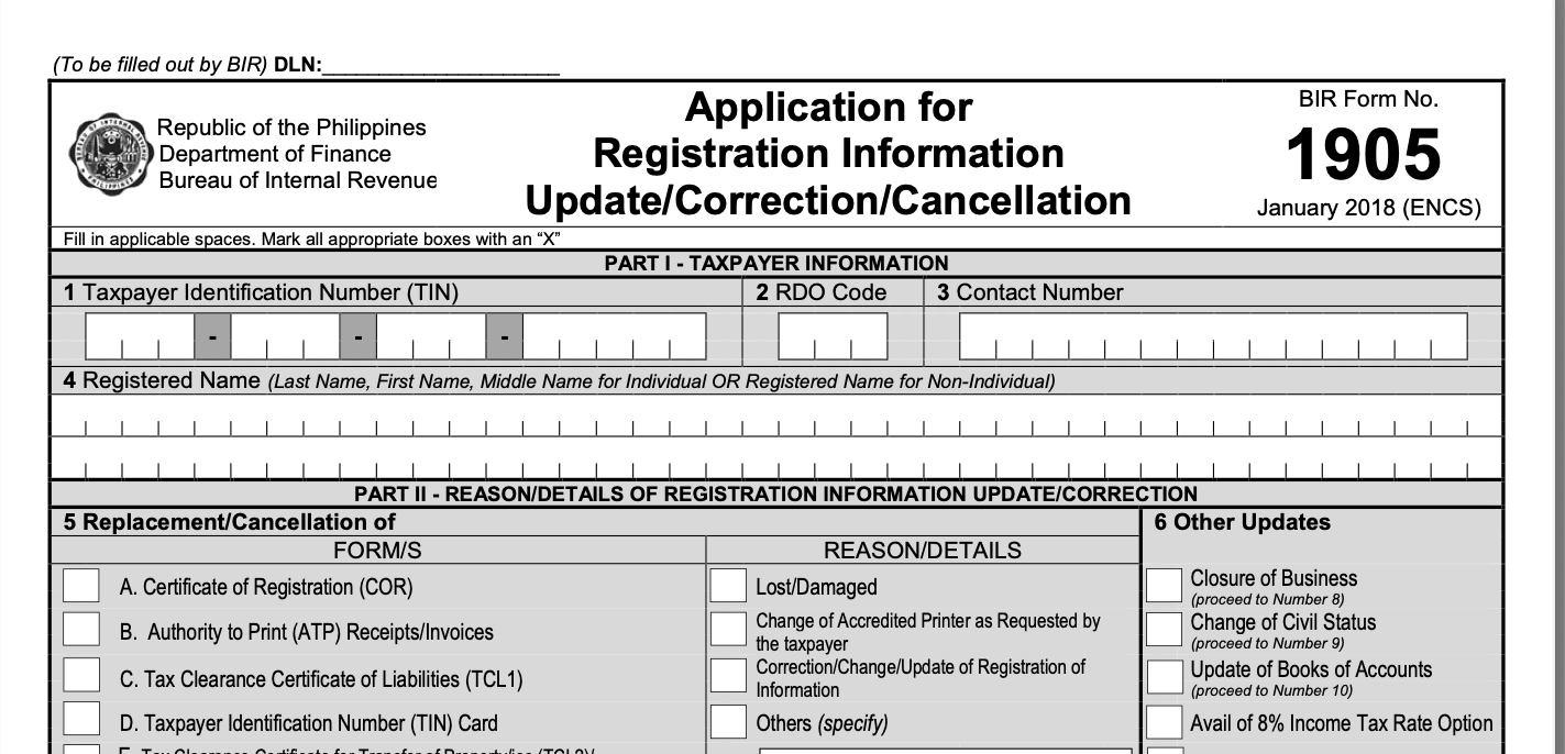 screenshot of BIR Form 1905