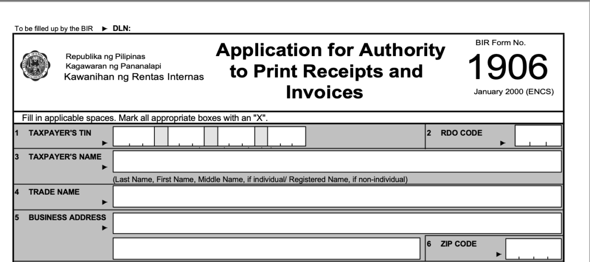 1906 BIR Form Application for Authority to Print Receipts and Invoices