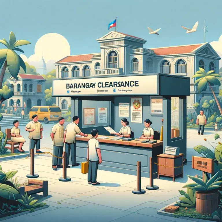 The image should visually guide the viewer through a step-by-step process, starting from a citizen approaching the Barangay Hall, interacting with friendly staff at a service window, and finally receiving the clearance document. Incorporate elements that are typically Filipino, such as the architecture of the Barangay Hall and the tropical environment. Include textual cues or arrows to indicate the flow of the process. The atmosphere should be positive, highlighting the efficiency and helpfulness of the barangay staff.