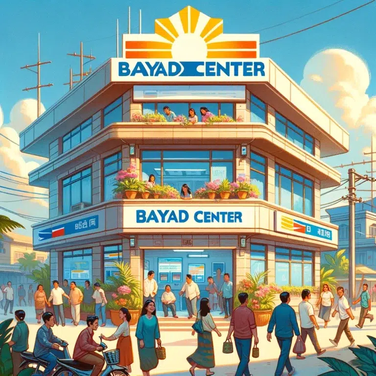 Illustrate a welcoming and vibrant scene of a Bayad Center located in a bustling Filipino community. The image should depict a sunny day with clear skies, showcasing the Bayad Center as a popular and accessible location for bill payments. Include diverse people happily walking in and out of the Bayad Center, indicating its role as a key part of daily life in the Philippines. The architecture should reflect typical Filipino design elements, with a sign prominently displaying 'Bayad Center near me' in clear, bold letters. Surround the center with local flora to add to the tropical atmosphere.