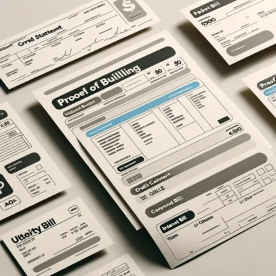 a variety of proof of billing documents such as a utility bill, a credit card statement, and an internet bill, laid out on a plain background. Each document is slightly overlapping the others, with labels indicating their type in a straightforward, easy-to-read font. The background is neutral to keep the focus on the documents themselves, illustrating the concept of submitting proof of billing in a direct and uncomplicated manner.