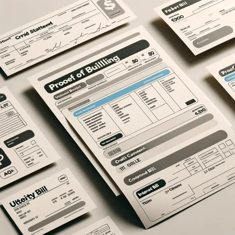 a variety of proof of billing documents such as a utility bill, a credit card statement, and an internet bill, laid out on a plain background. Each document is slightly overlapping the others, with labels indicating their type in a straightforward, easy-to-read font. The background is neutral to keep the focus on the documents themselves, illustrating the concept of submitting proof of billing in a direct and uncomplicated manner.