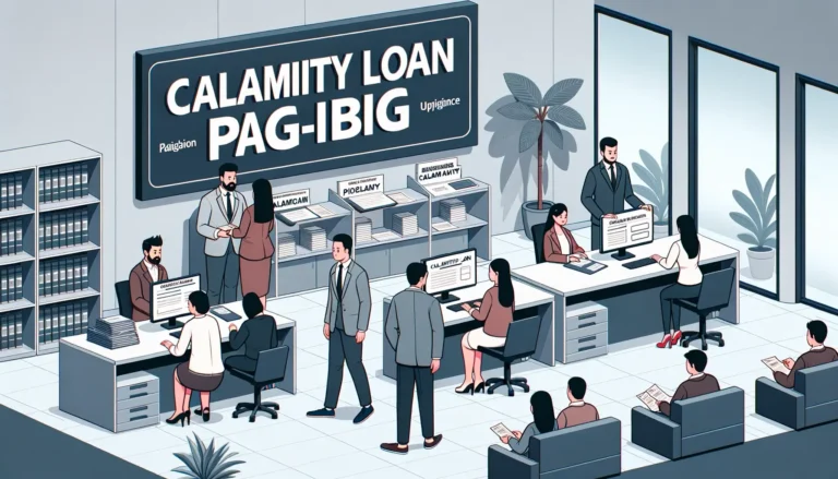 Photo of a modern office setting with a sign reading 'Calamity Loan - Pag-IBIG'. Employees of diverse descent and gender are assisting customers with their loan applications. Computers and pamphlets about the loan are visible on the desks.