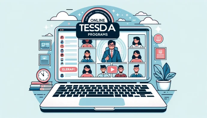 laptop screen displaying an online class interface, with students' avatars and a teacher's live video feed. The words 'Online TESDA Programs' are prominently displayed at the top with a circular emblem on one side