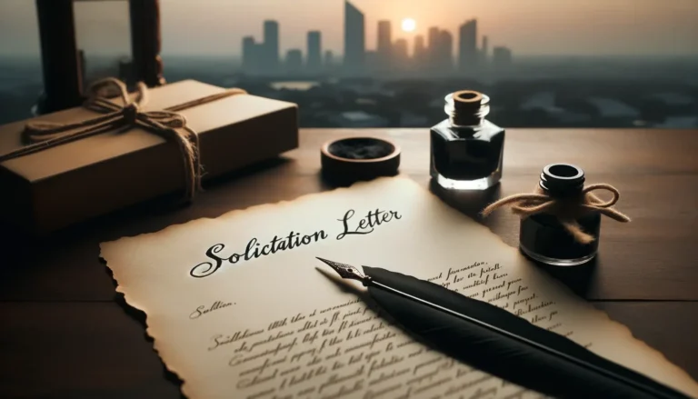 Photo of a desk setup with a freshly written letter on parchment paper, an ink bottle, and a quill. The top of the letter reads 'Solicitation Letter' in elegant cursive. In the background, there's a faint silhouette of a cityscape during sunset.