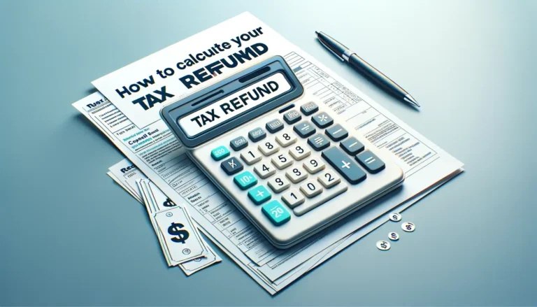 An informative and eye-catching featured image for an article about calculating tax refunds. The image shows a large, clear calculator with buttons and a digital screen, prominently displaying a dollar sign. Next to the calculator, there's a pile of tax forms and receipts, neatly arranged. Above this setup, bold and legible text reads 'How to Calculate Your Tax Refund'. The background is a gradient of soft blue to white, symbolizing clarity and trust. The overall look is professional and educational, catering to a broad audience seeking financial advice.