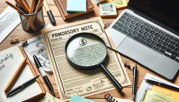 Photo of a wooden desk with a magnifying glass focusing on a detailed promissory note. Beside it, there's a laptop open to a blog post titled 'Understanding Promissory Notes'. Various stationery items like pens, sticky notes, and a coffee cup are scattered around.