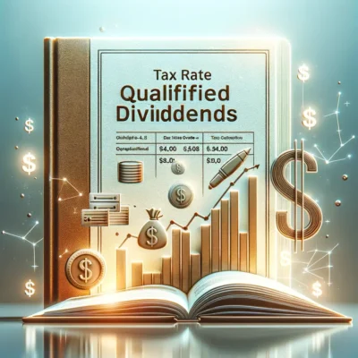 An informative and visually appealing feature image for a guide about the tax rate on qualified dividends. The image should include symbols like a graph, dollar signs, and a tax form, subtly blended with a book or guide imagery to convey the idea of a comprehensive guide. The overall tone should be professional, suggesting expertise and reliability in financial matters, with the correct spelling of 'qualified dividends'.