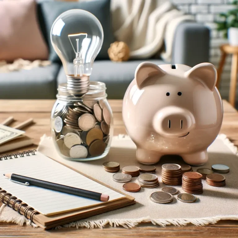 An image depicting a piggy bank on a table surrounded by coins, with a light bulb symbolizing a smart idea, and a notepad with written money saving tips. The background is a cozy home setting, emphasizing a personal finance theme.