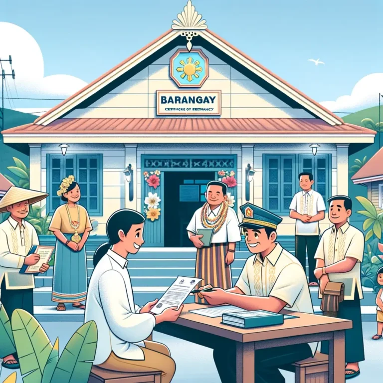 The image should depict a person submitting the required documents to a barangay official at a Barangay Hall. Highlight the friendly and helpful interaction between the community member and the barangay staff. Include elements that showcase the Filipino culture, such as traditional Filipino attire and the tropical landscape. The Barangay Hall should be designed with characteristic Filipino architectural elements, and the scene should radiate a sense of community and assistance.