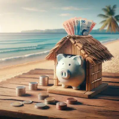 Visualize the concept of passive income in the Philippines with simplicity. Show a piggy bank in the form of a traditional Filipino nipa hut, placed on a wooden table. The piggy bank has a slot on top with Philippine peso bills and coins about to be dropped in, symbolizing the idea of saving and earning passive income.