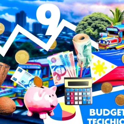 The image should include a mix of financial symbols like peso notes, piggy banks, calculators, and graphs, combined with iconic Philippine elements such as jeepneys, coconut trees, and the Chocolate Hills. The background should be a blend of urban and rural scenery to depict the diverse Philippine landscape. The overall feel should be motivational and positive, with a color scheme that reflects the Philippine flag colors of blue, red, yellow, and white.