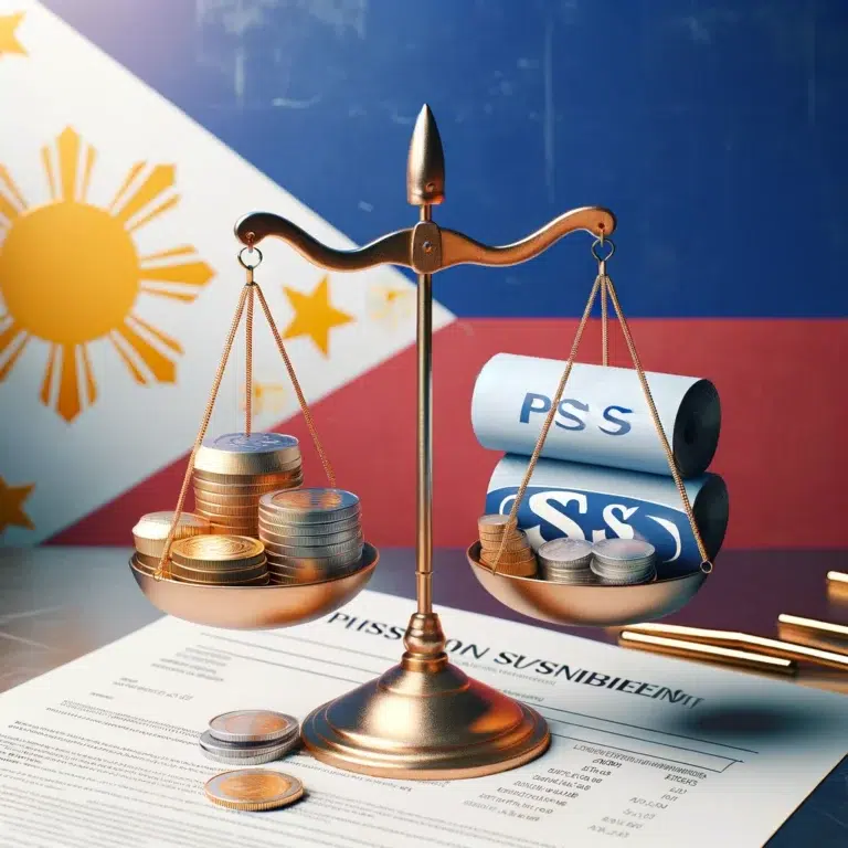 A visually engaging image featuring a scale balancing coins and a pension document, set against a backdrop of the Philippine flag. The scale represent