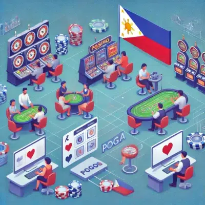 image depicting the operations of POGOs in the Philippines, focusing on the casino setting, online gaming platforms, and the Philippine flag in the background.