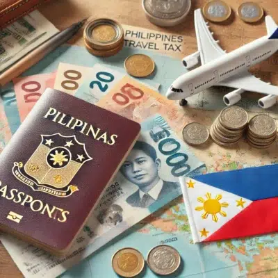 This image includes a passport, airplane tickets, Philippine currency, a small Philippine flag, and a map highlighting the Philippines, capturing the theme of travel and taxation effectively.