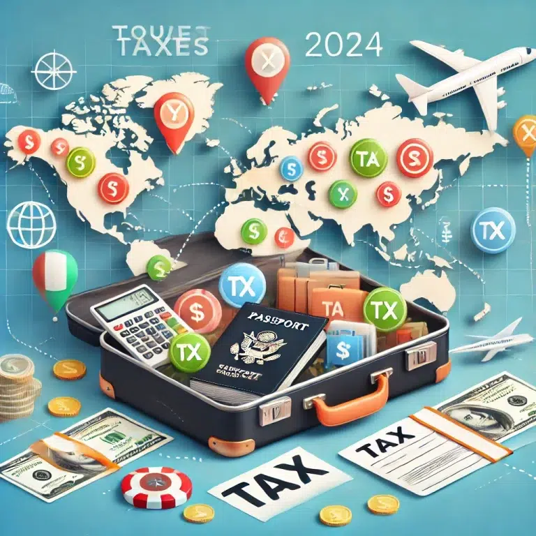 A-travel-themed-image-representing-tourist-taxes-in-2024.-Show-a-world-map-with-highlighted-countries-a-suitcase-with-various-travel-stickers-a-pass