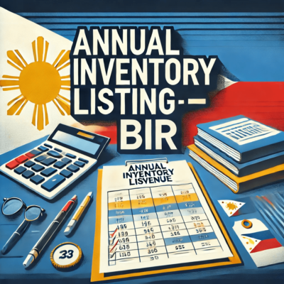 showing text" annual inventory listing Bir with calculator and books.